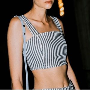 Zara Womens Denim Crop Top Size Small White Blue Striped Side Zip Bustier Tank